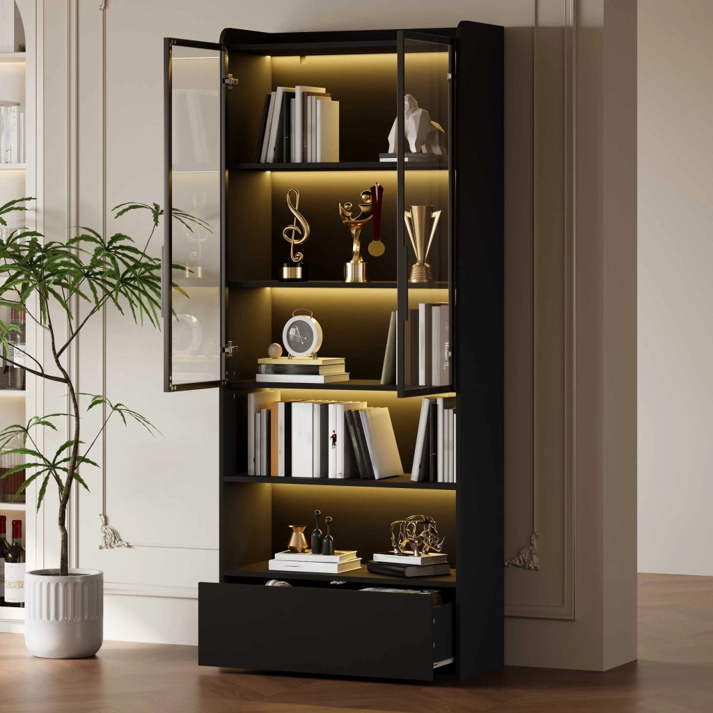 Letto contenitore 80x34 cm con LED; USB/Type-C; cassetti; MDF e glass; nero – SuerZaro