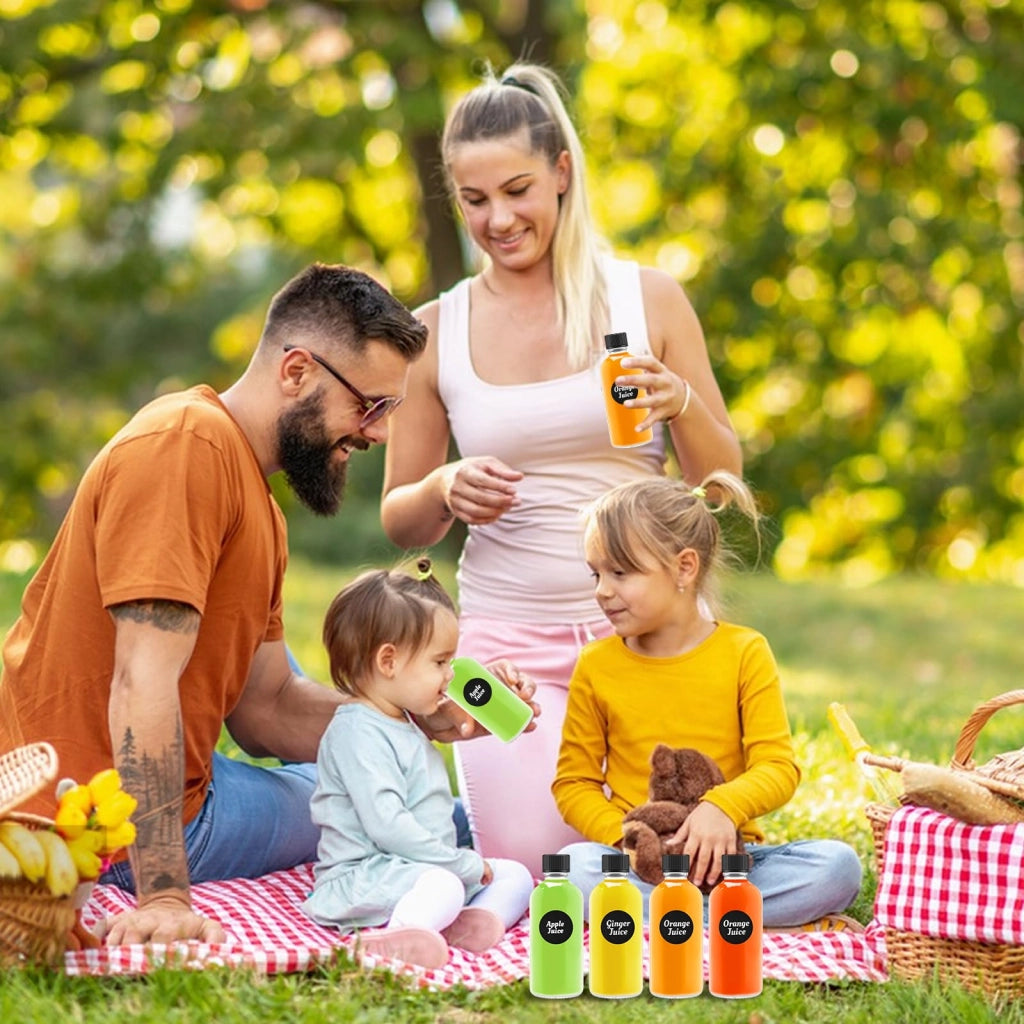 Set di 8 bottiglie di vetro da 100 ml con tappo, imbuto ed etichette