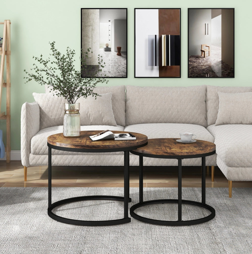 Set da 2 tavolini da caffè rotondi impilabili, tavolini bassi in MDF effetto legno marrone con struttura in metallo, salvaspazio per soggiorno moderno