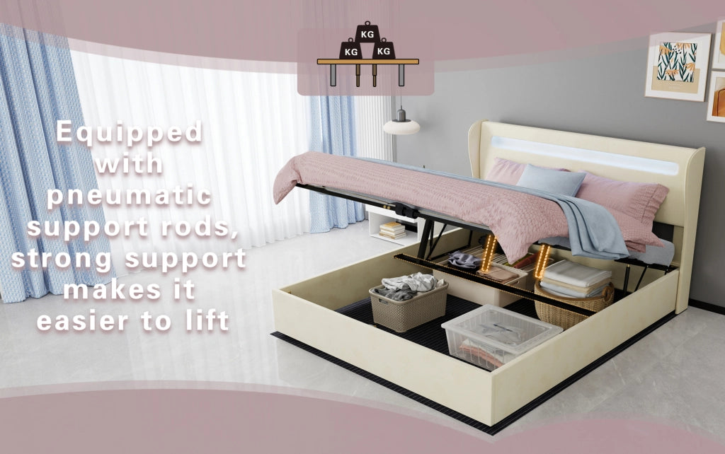 Letto imbottito moderno 160x200 cm con testiera LED integrata beige e base contenitore con meccanismo a gas