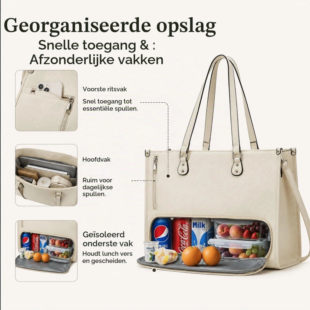 Borsa da pranzo con scomparto termico, tasca per laptop, impermeabile, bianca