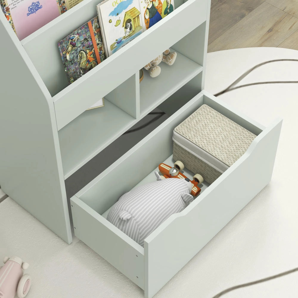 Libreria Scaffale Multiuso per Bambini in Legno Verde Chiaro con 3 Ripiani 2 Vani e Grande Cassetto Salvaspazio per Cameretta
