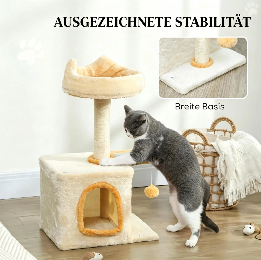 Tiragraffi per gatti alto 72 cm con cuccia, piattaforma a pesce e pallina
