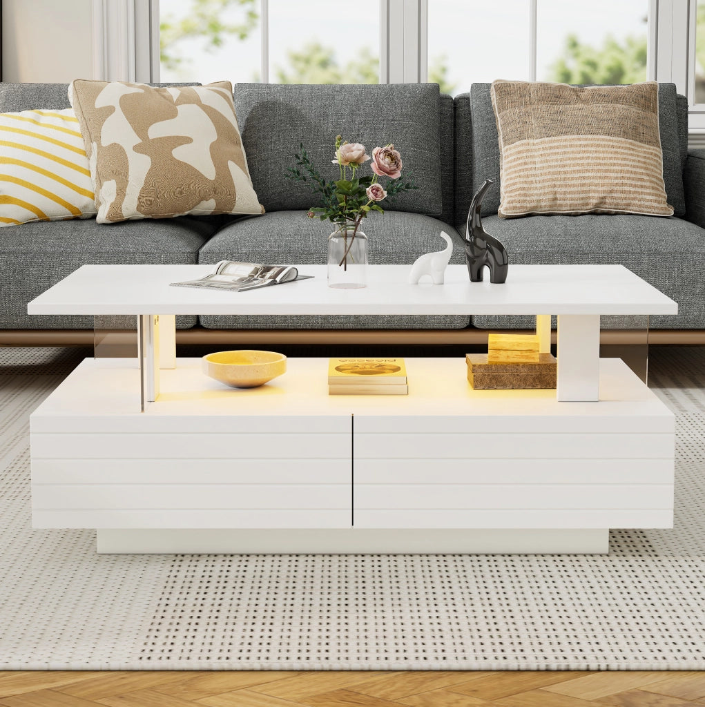 Tavolino da caffè LED bianco 100 x 50 x 42,5 cm con contenitore e Bluetooth