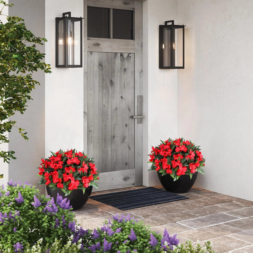 Set di 4 fiori artificiali, resistenti ai raggi UV, in seta, modello geranio e impatiens, colore rosso