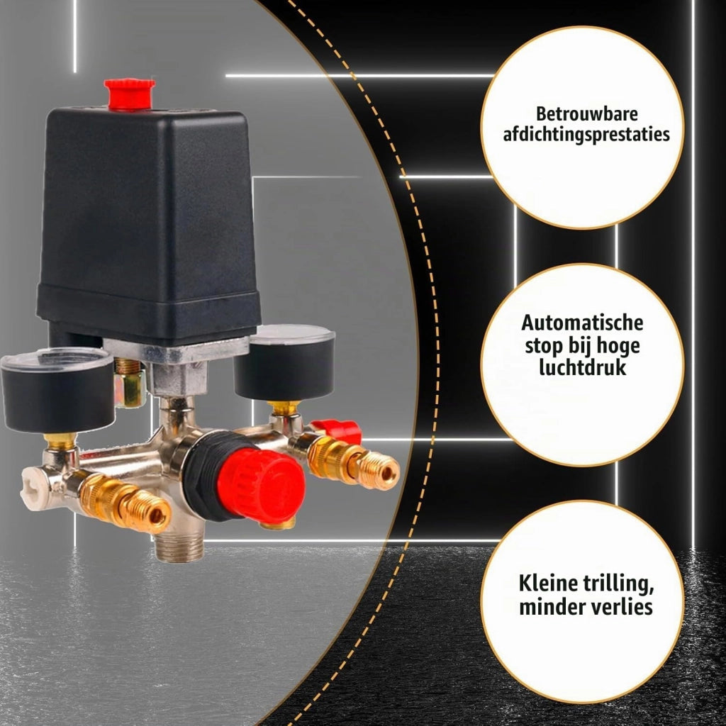 Interruttore di pressione pneumatico, 90-120 PSI, con doppio manometro, 230 V