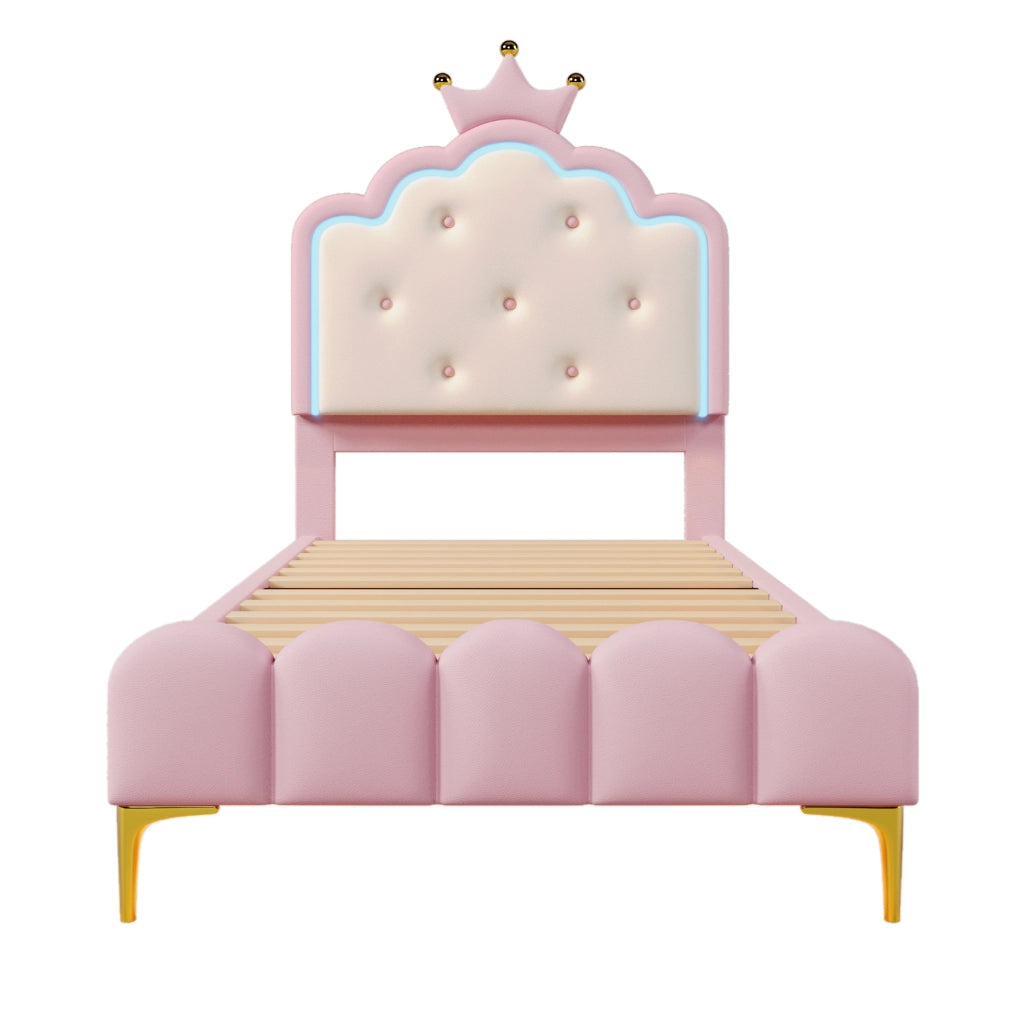 Letto imbottito principessa 90x200 cm con rete a doghe e luce ambiente rosa in PU