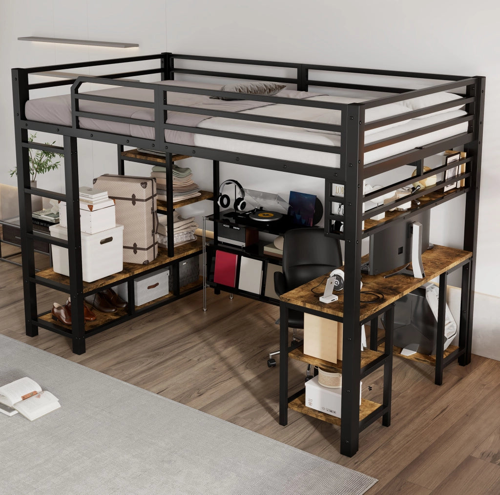 Letto a soppalco 120x200 cm con scrivania e ripiano in metallo e truciolare; nero noce scuro