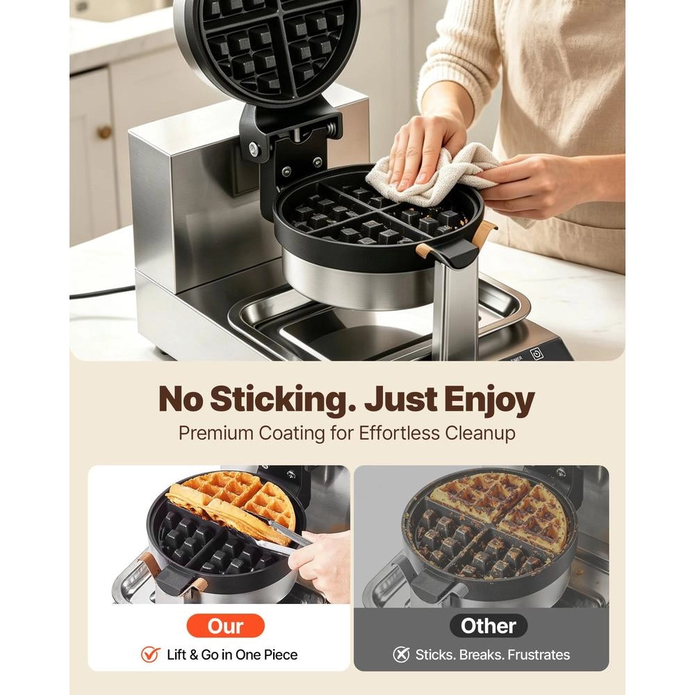 Macchina per Waffle Belga UWF-2205 in Acciaio Inox 1300W Piastra Antiaderente Rotonda 190,5 mm Regolabile 50-300 ℃ per Casa