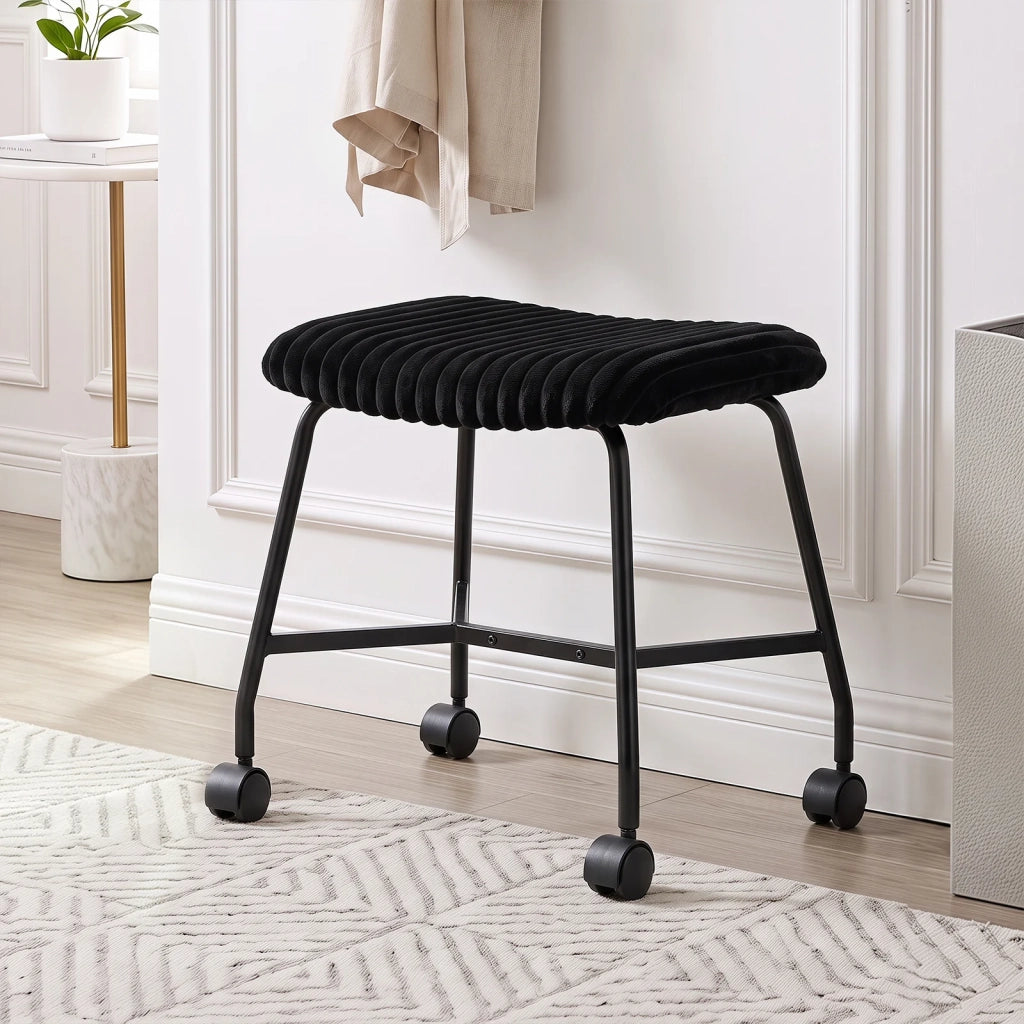 Set of 2 padded rolling stools with curved seat and 4 smooth-rolling casters, black