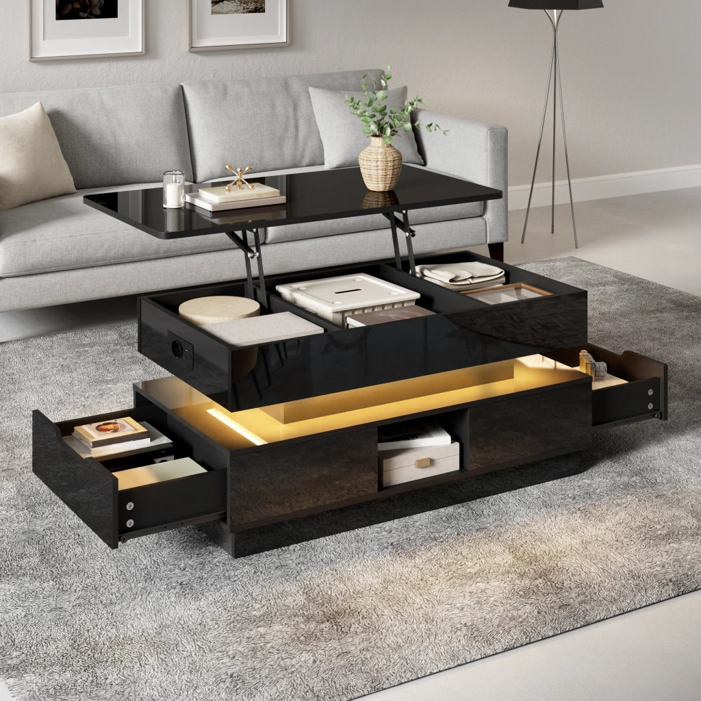 Tavolino da salotto 90 × 48 × 42,5 cm regolabile in altezza MDF nero con LED presa cassetti e vani aperti