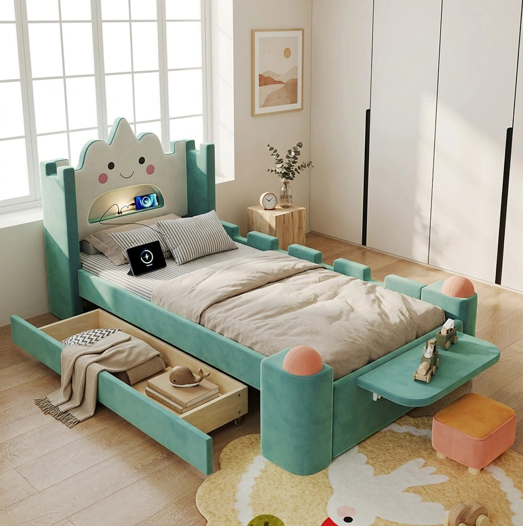 Letto singolo imbottito per bambini 90x200 cm con cassetto; USB e lampada; blu verde