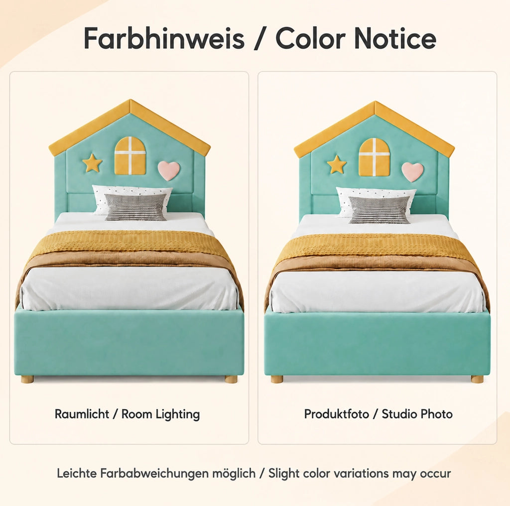 Letto imbottito per bambini 90 x 200 cm blu-verde con 4 cassetti