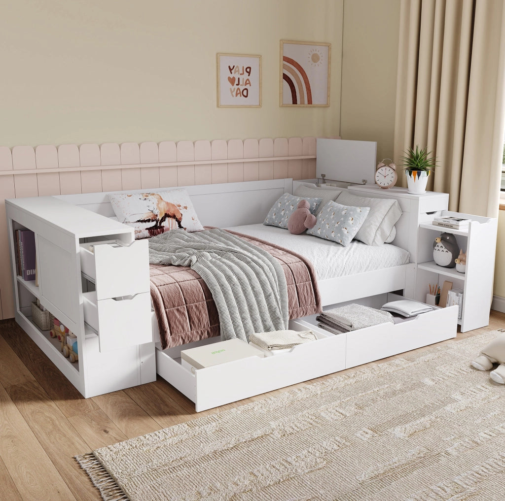 Letto singolo in MDF bianco 140x190 cm con contenitore e cassetti, struttura robusta, senza materasso