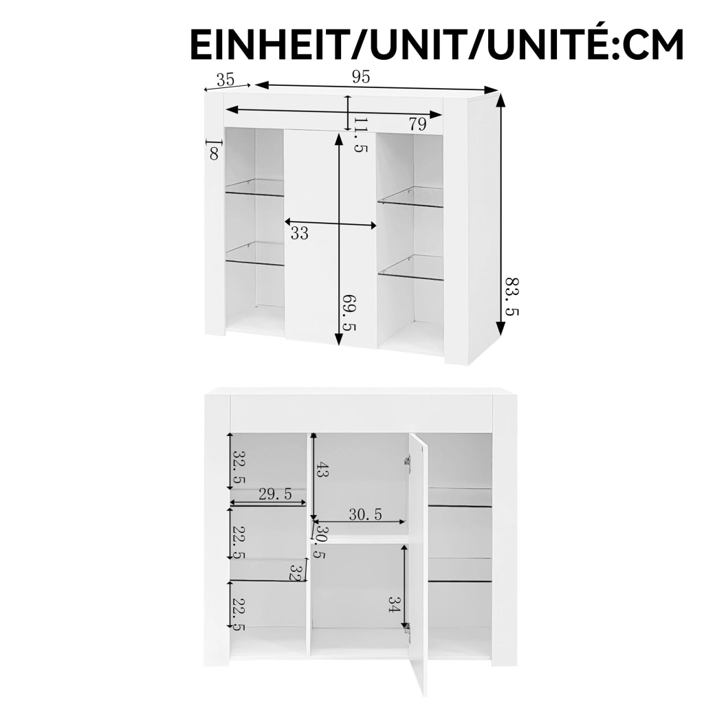 Credenza moderna 95x35x83 cm con ripiani in vetro e anta; struttura in truciolare bianco