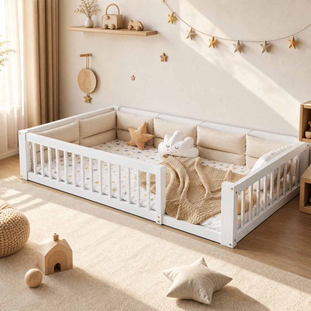 Letto piattaforma 90x200 cm con sponde e cuscini, bianco