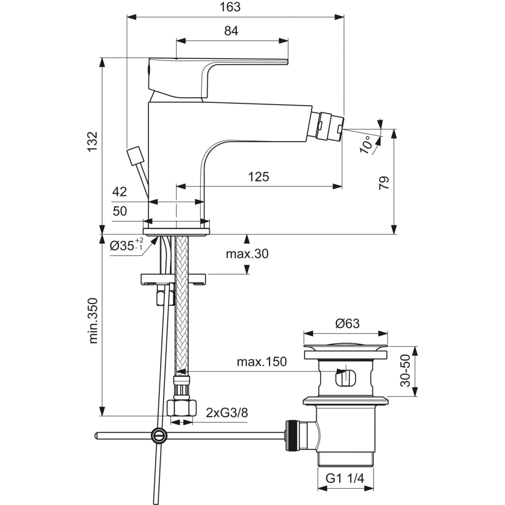 Rubinetteria per bidet Cerafine D, miscelatore monocomando con bocca fissa, leva di comando e gruppo di scarico, cromata