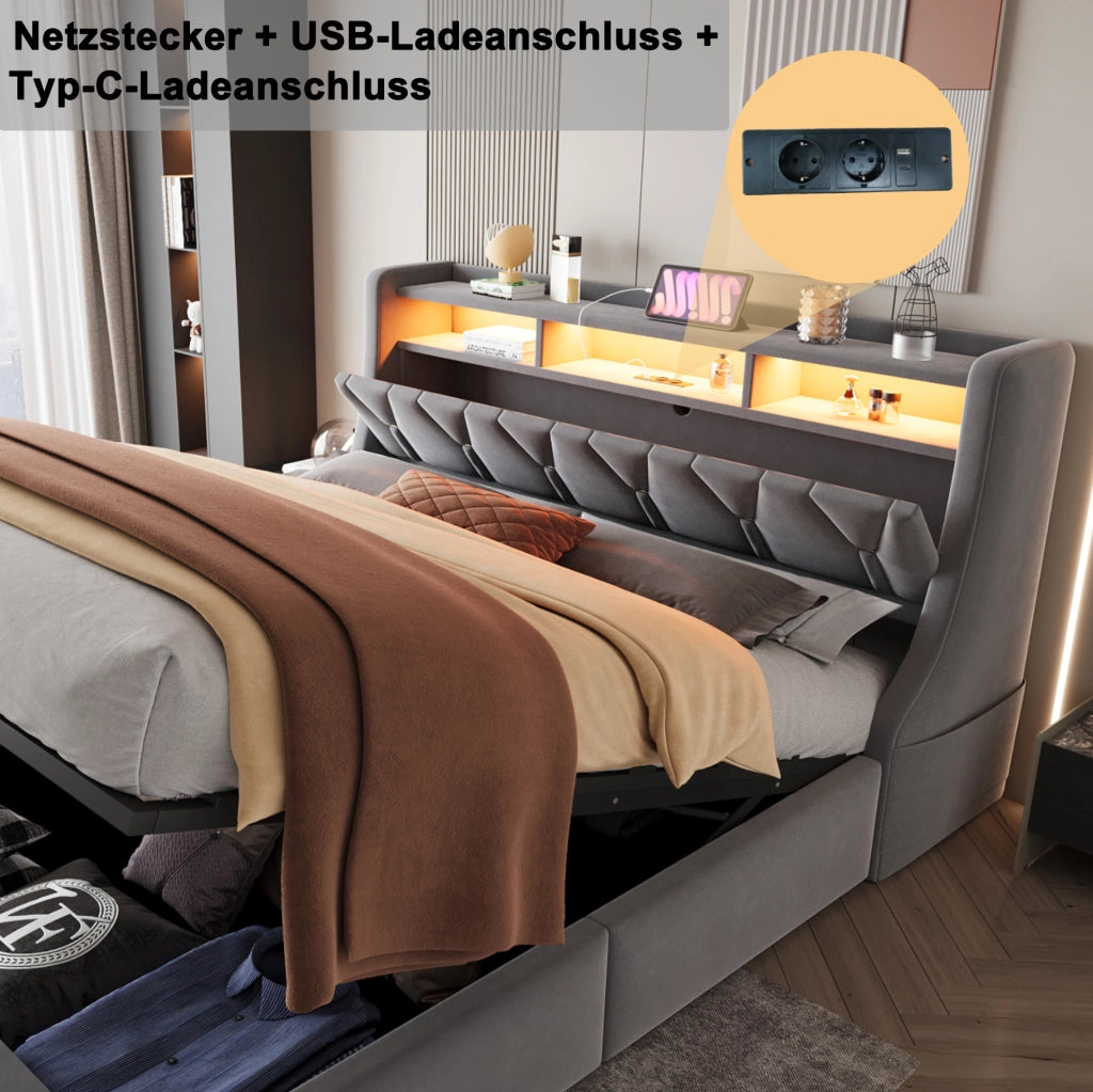 Letto matrimoniale 180x200 cm con contenitore idraulico; LED e prese USB-C; grigio