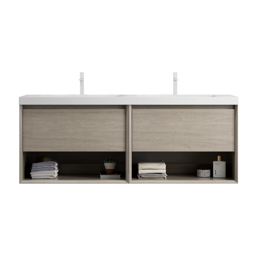 Mobile bagno sospeso ULEVR 140 cm con 2 lavabi in resina, 2 cassetti e 2 vani aperti, effetto rovere chiaro e bianco