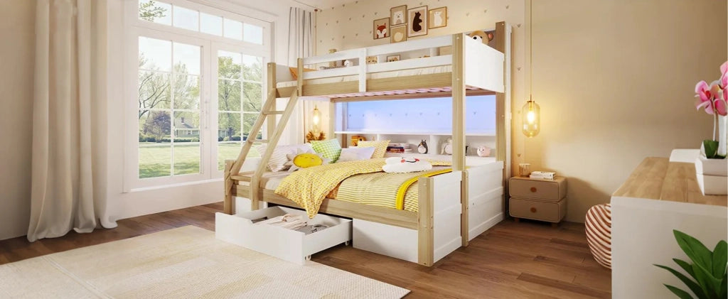 Letto a castello in legno massello 90x200 cm + 140x200 cm con scale, sponde, cassetto e luci LED, bianco e naturale, senza materasso