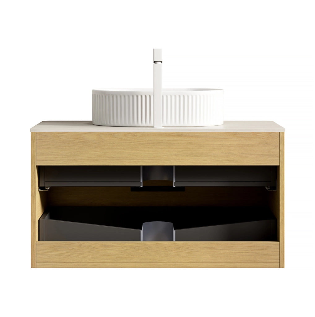 Mobile bagno sospeso 90 cm con lavabo ovale bianco, piano in travertino sintetico e mobile in compensato con 2 cassetti effetto quercia Corolla