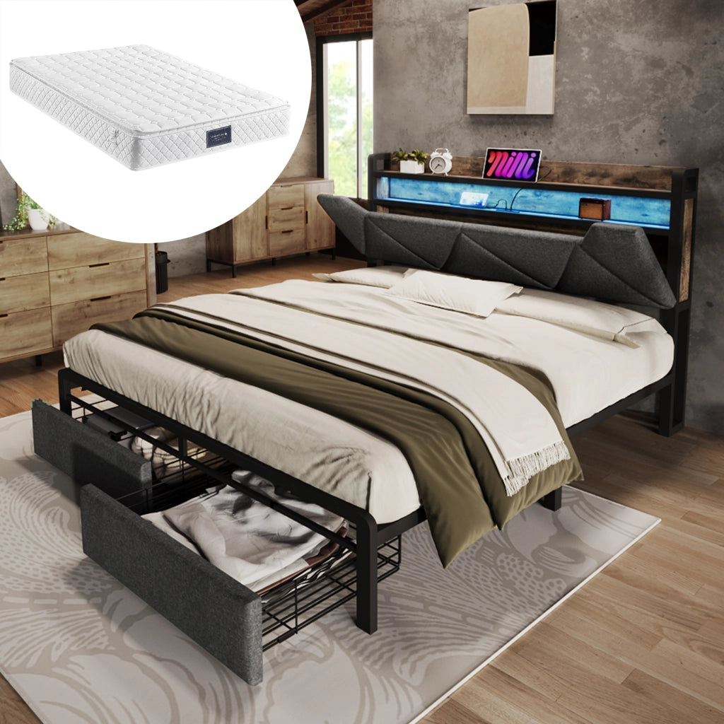 Letto con cassetti 140 ¡Á 200 cm con testiera contenitore LED; porte USB e Type-C; rivestito in lino grigio