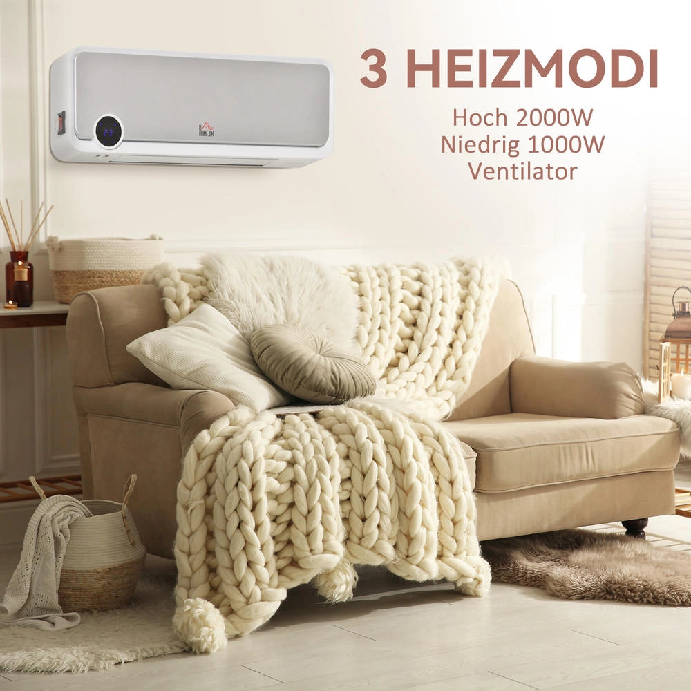 Termoventilatore da parete ceramico PTC 2000W con telecomando display LED timer 12h e 3 modalità per casa e ufficio