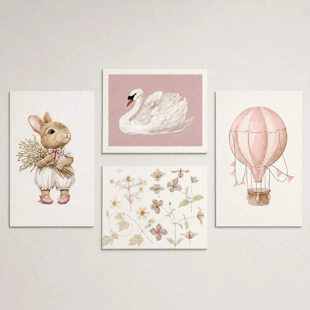 4 stampe artistiche per bambini – conigli, fiori, cigni, mongolfiera – formato A4