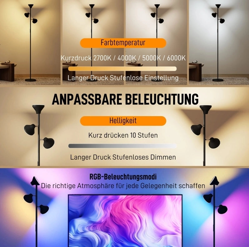 Lampada da terra dimmerabile RGB con 3 teste orientabili, nera
