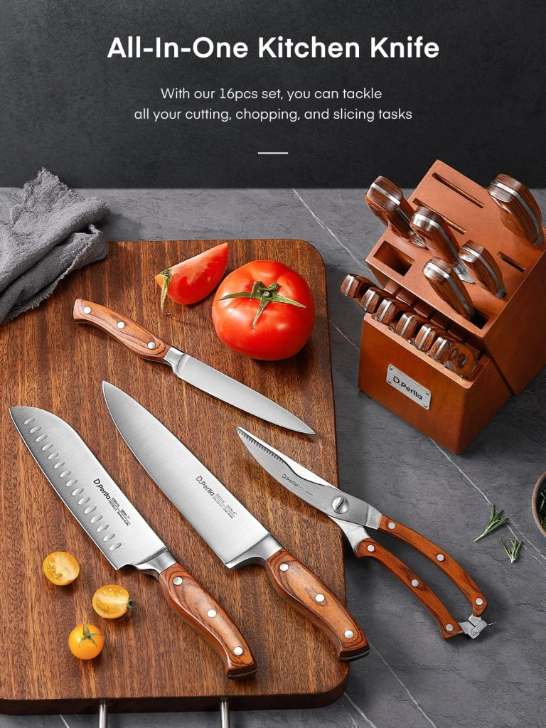 Set di coltelli da cucina in acciaio inossidabile con manico in legno, composto da 16 pezzi
