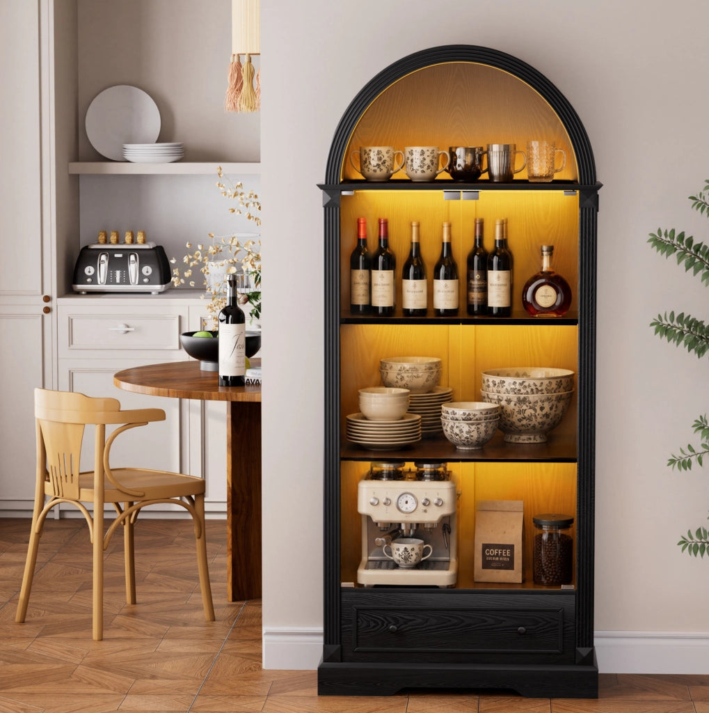 Vetrina ad arco nera in MDF e vetro, 80 × 35 × 180 cm