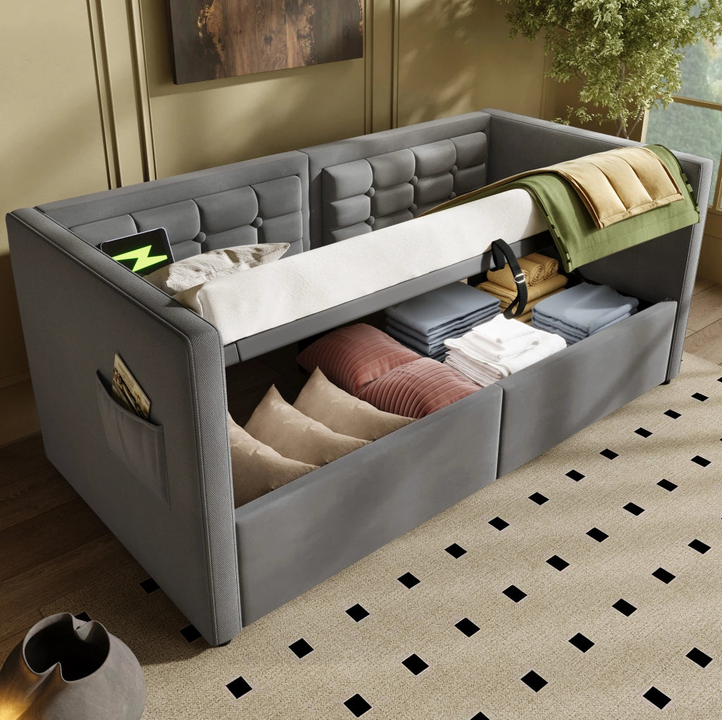 Divano letto 90 × 190 cm con contenitore idraulico; USB e Type-C; velluto grigio