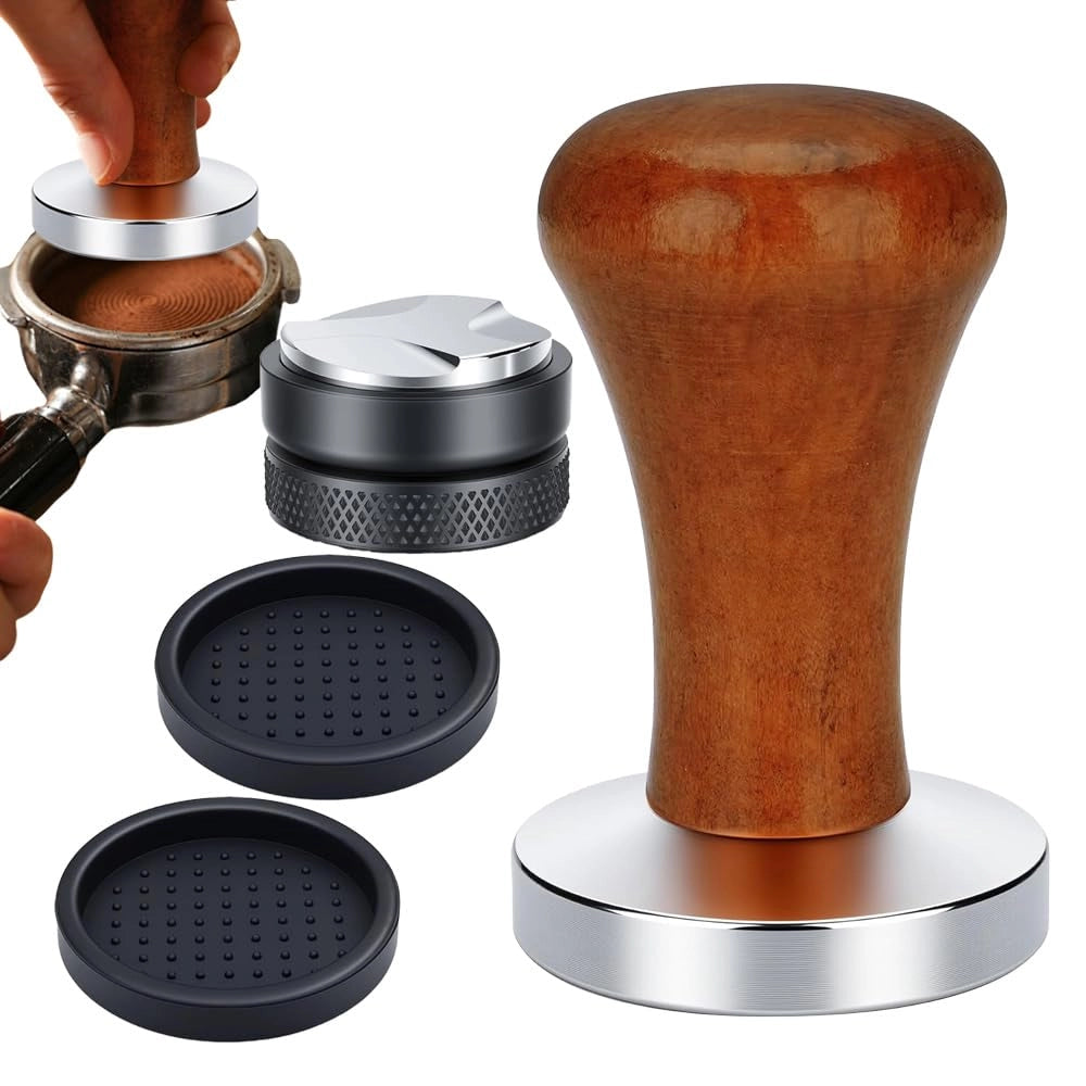 Set di pressini per caffè da 51 mm, in acciaio inossidabile, con manico in legno, composto da 4 pezzi