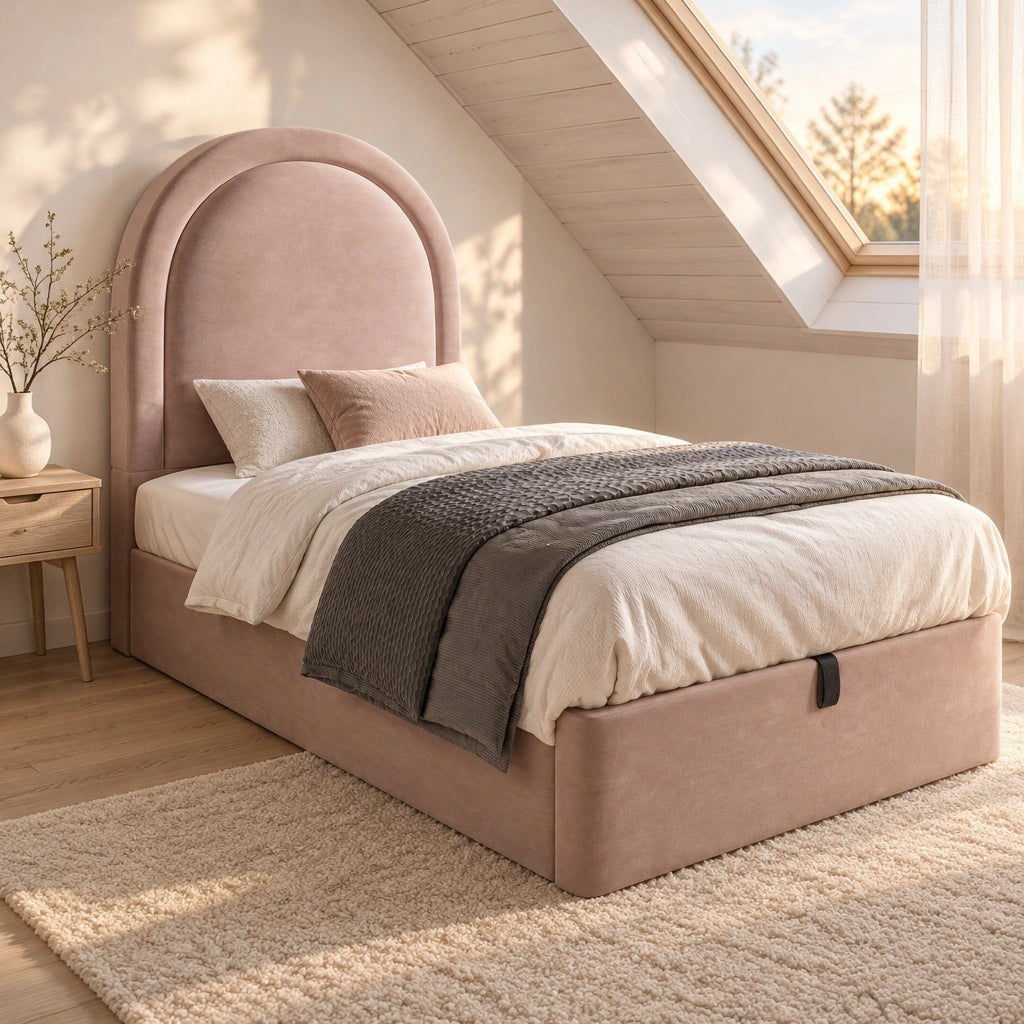 Letto singolo imbottito rosa 90x190 cm con contenitore e materasso