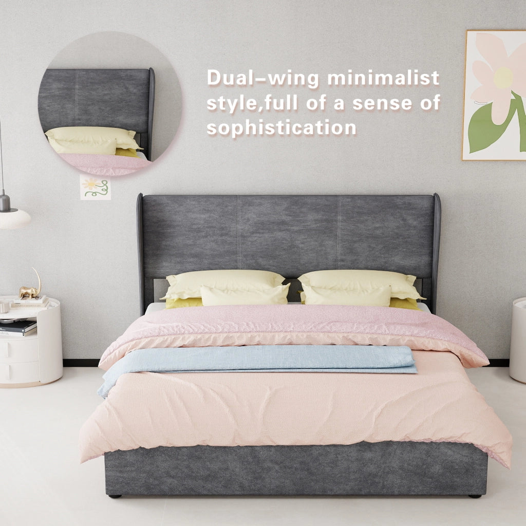 Letto imbottito 160x200 cm per adulti con testiera e schienale; struttura in legno e metallo; tessuto grigio