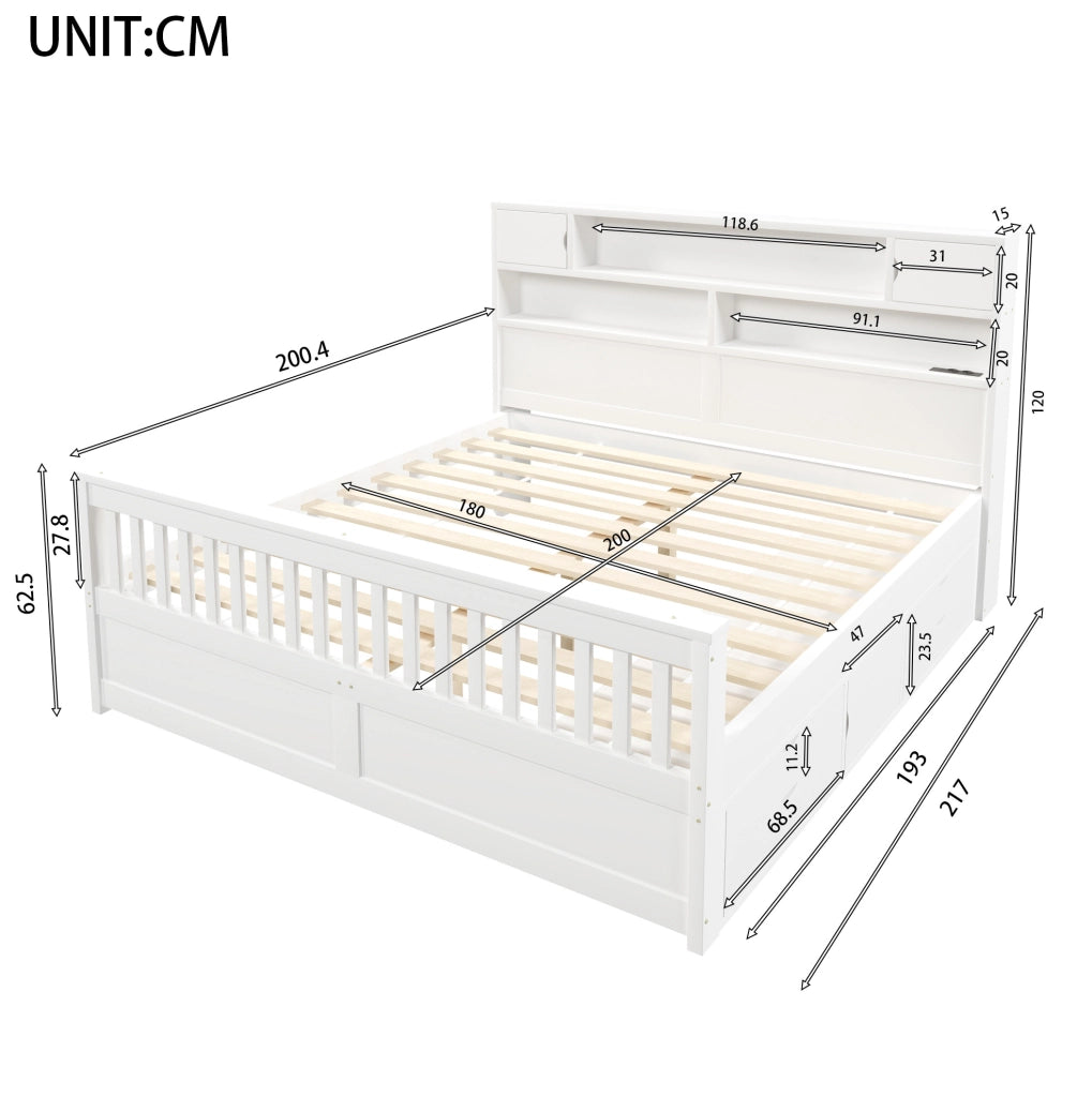 Letto 180 × 200 cm con testiera libreria LED e 4 cassetti; MDF e compensato; bianco