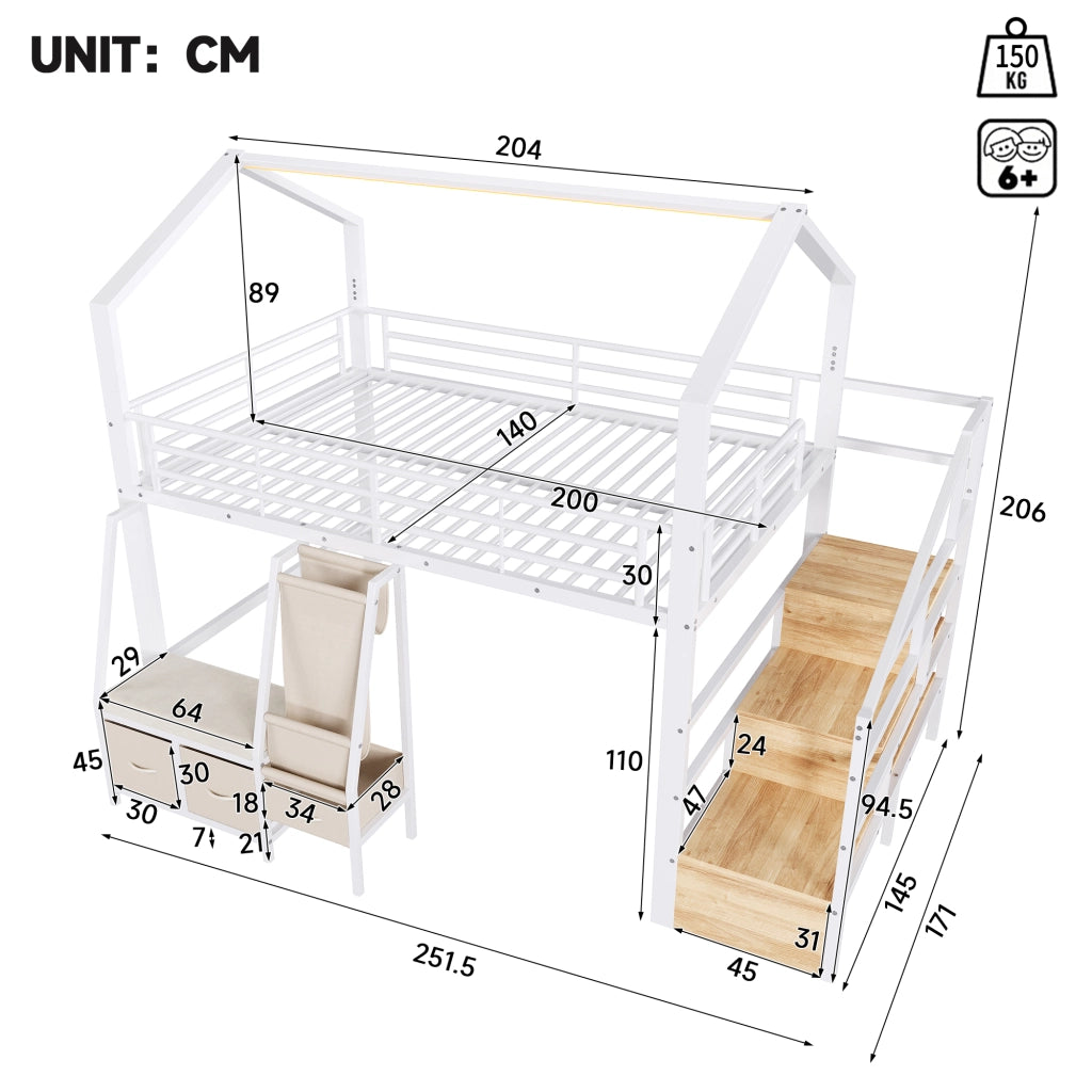 Letto a Soppalco 90x200 con Cassetti; Rangement Integrato; LED; Sponde di Sicurezza LEMONMAX Salvaspazio per Camera Bambini