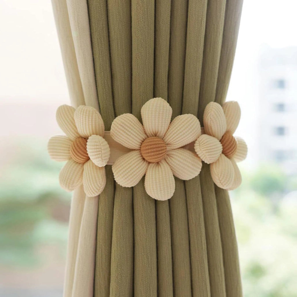Supporti per tende a forma di fiore, confezione da 4, realizzati in cotone e lino, color beige