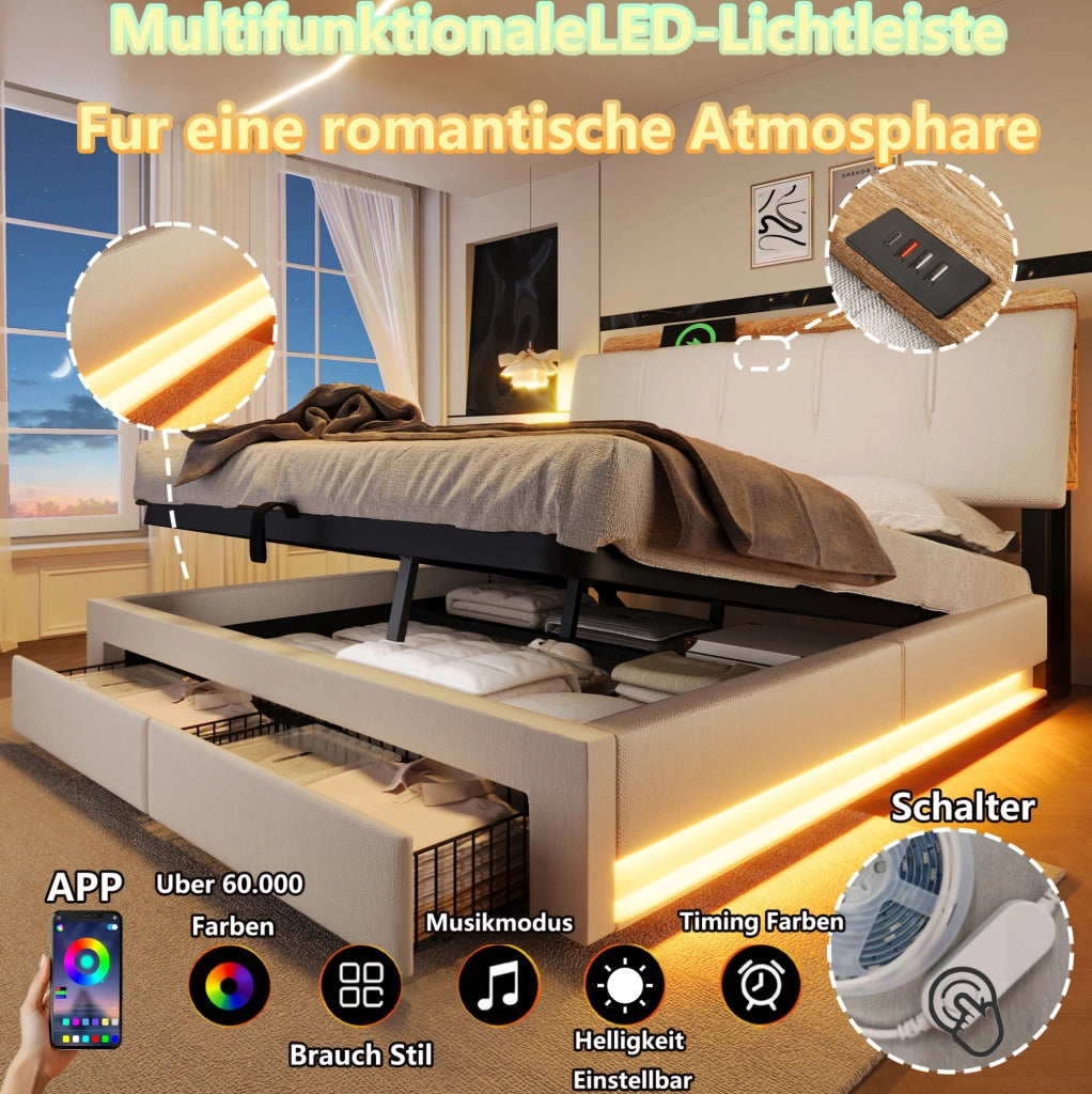 Letto contenitore imbottito 140x200 beige in lino con LED e USB-C, materasso incluso