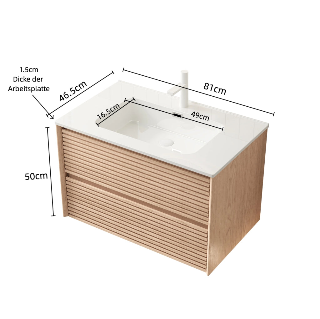 Mobile bagno da parete 81 cm con lavabo in ceramica bianca e armadietto in compensato effetto noce con 2 cassetti soft-close