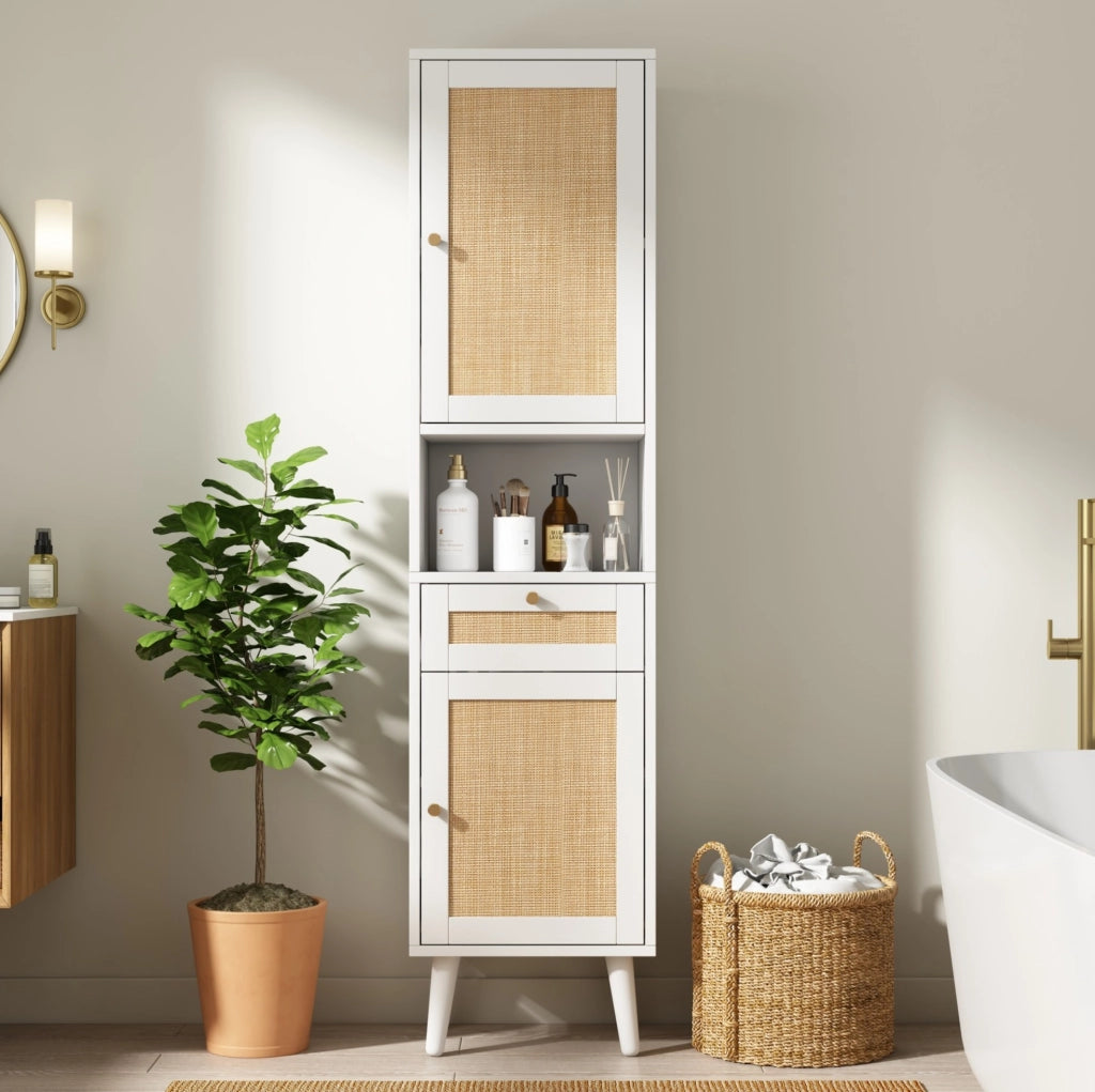 Mobile alto da bagno bianco 40 x 30 x 166 cm con ante reversibili e cassetto