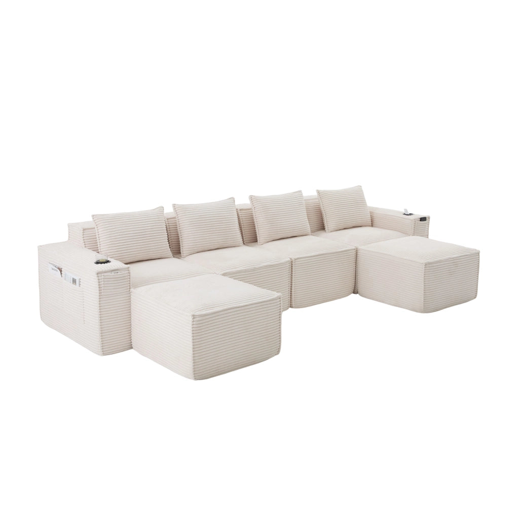Divano modulare 4 posti 330x162x75 cm con 2 pouf, portabicchieri, tasche laterali e cuscini inclusi in velluto a coste beige