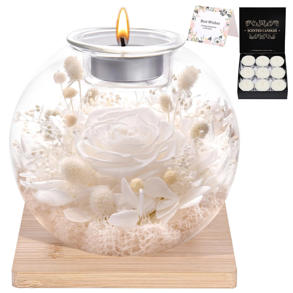 Rosa conservata in vaso di vetro, con candele profumate, colore bianco, altezza 30-32 cm, set regalo