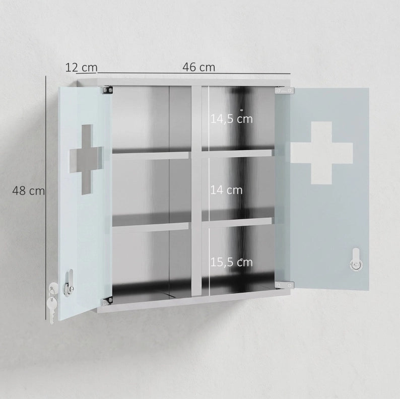 Armadio portamedicinali da parete in acciaio inox con porta in vetro satinato e serratura, 48 x 46 x 12 cm, argento