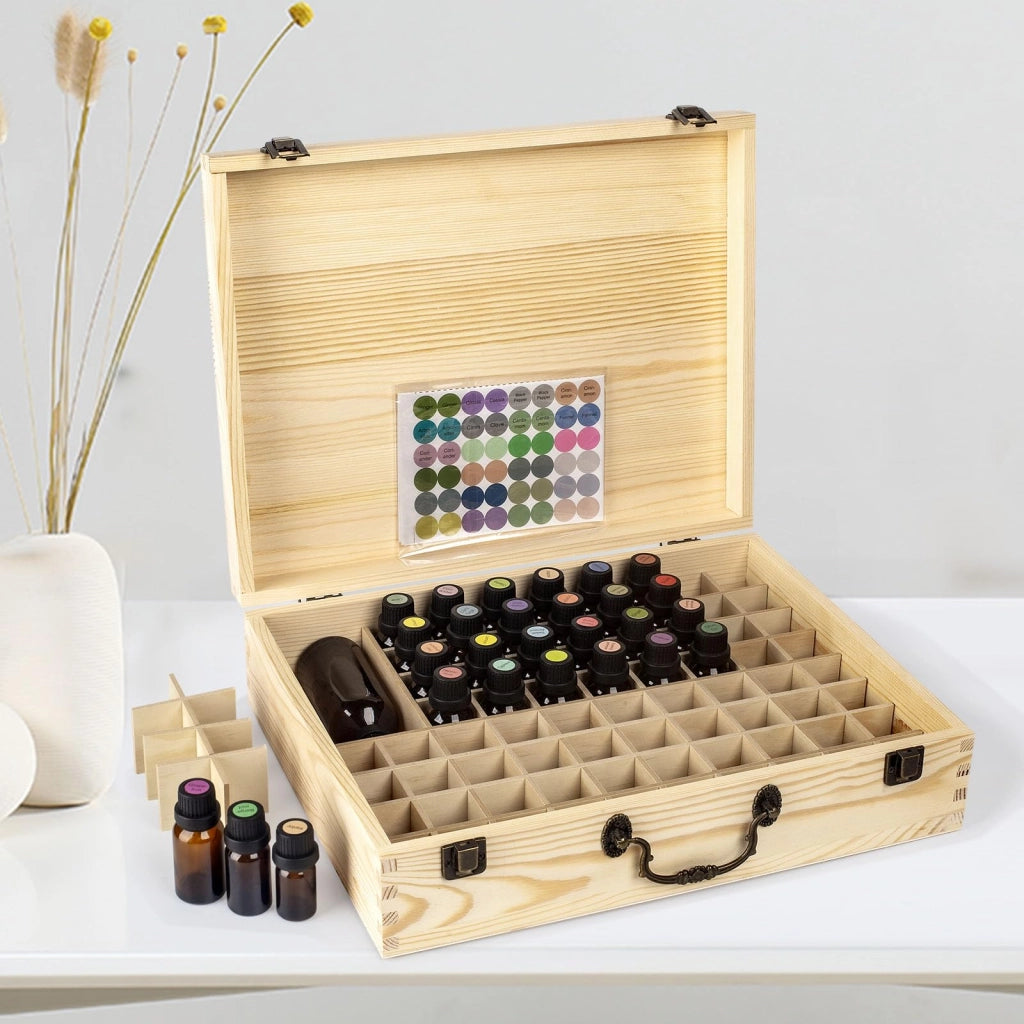 Organizzatore in legno per 80 flaconi di oli essenziali, dimensioni 35,5 x 28 x 9,5 cm