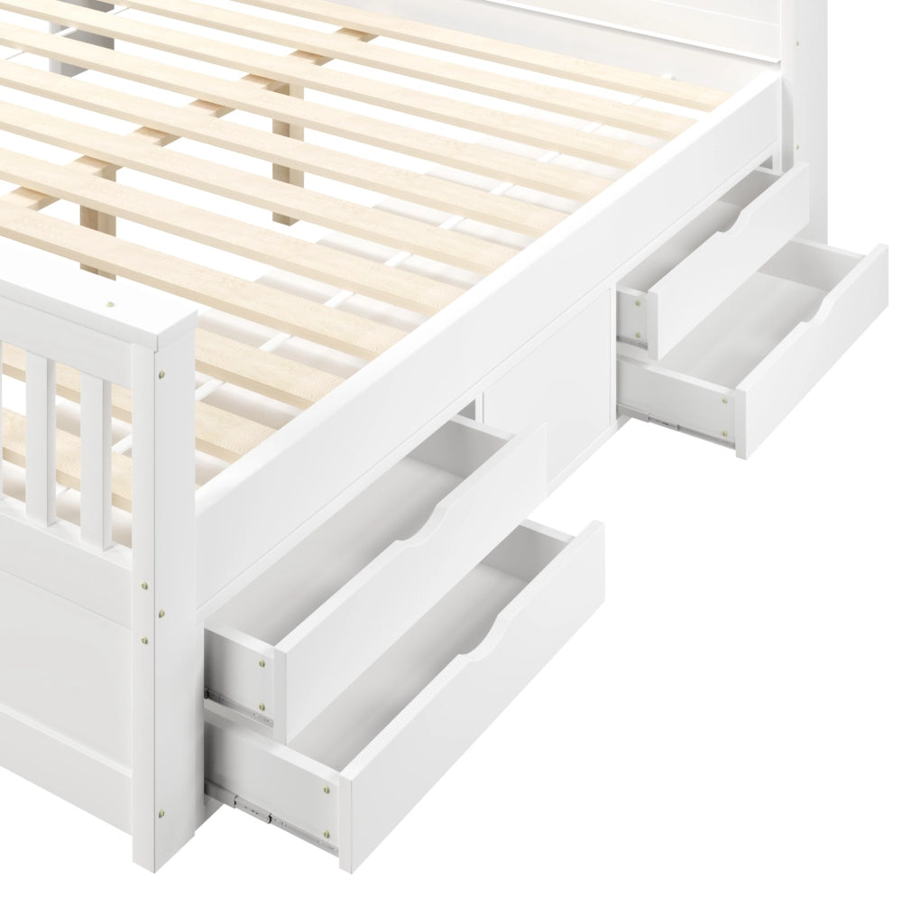Letto 180 × 200 cm con testiera libreria LED e 4 cassetti; MDF e compensato; bianco