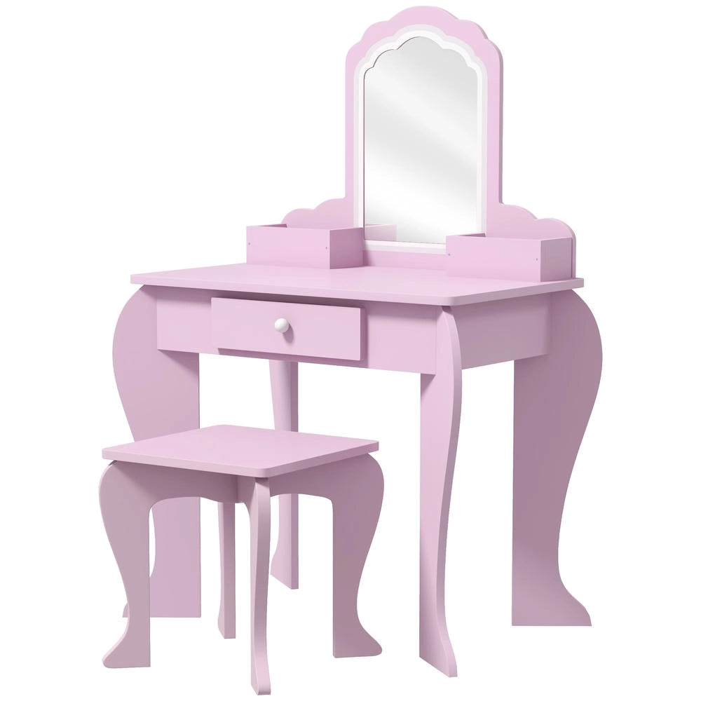 Set Toeletta per Bambini con Specchio e Sgabello in Legno Tavolo da Trucco con Cassetto per Cameretta Rosa