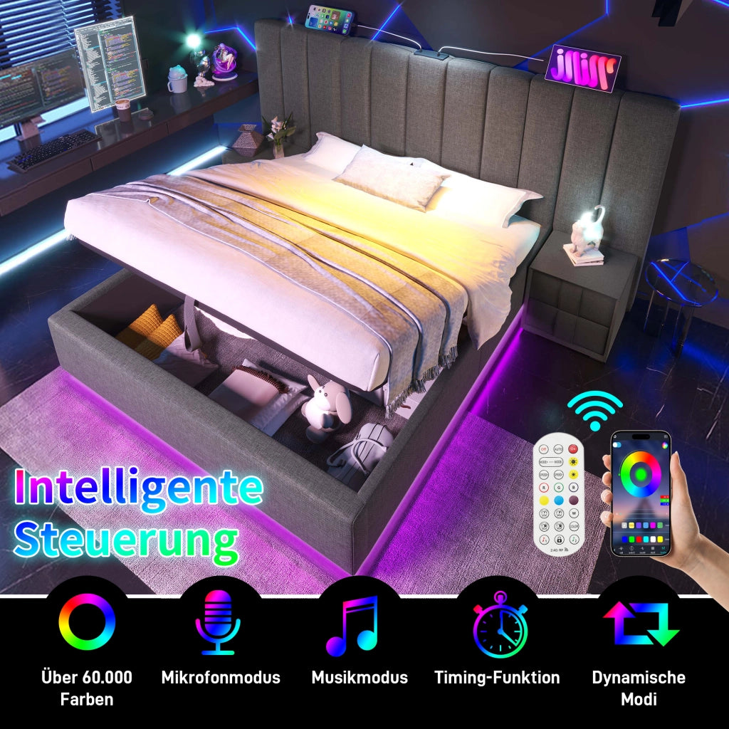 Letto matrimoniale contenitore 160 × 200 cm con LED app ricarica USB USB C 20 W lino grigio rete a doghe