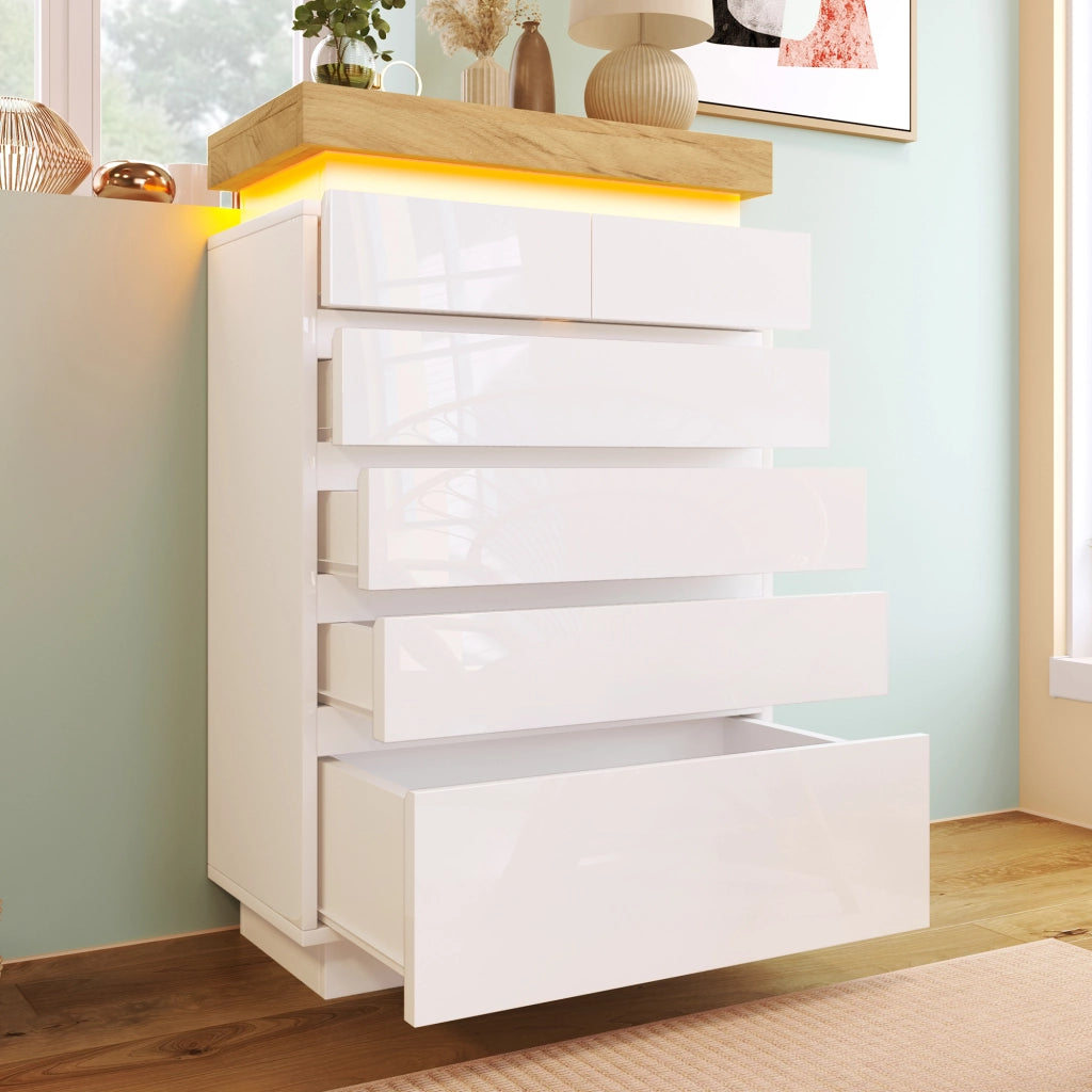 Credenza con 6 cassetti e illuminazione LED controllabile tramite app; 73x39x115 cm; bianco lucido