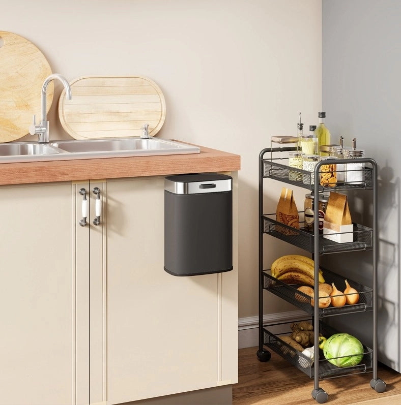 Pattumiera da cucina 21,5 x 19,5 x 30 cm in acciaio inox nero con coperchio aperto